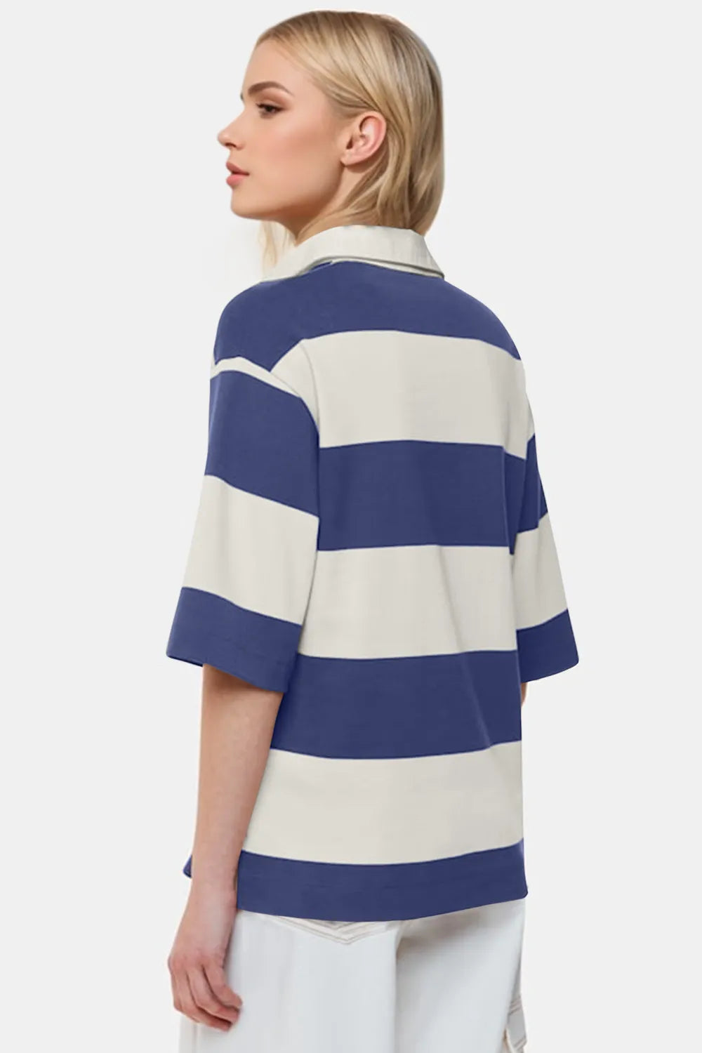 Oh Pima Cotton Wash Color Block Johnny Collar Half Sleeve Top - kinko