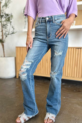 Judy Blue Full Size Distressed Raw Hem Bootcut Jeans - kinko