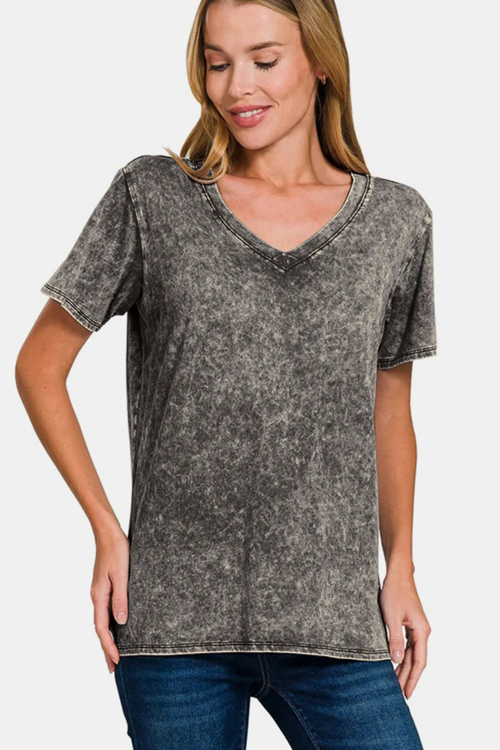 Zenana Full Size Washed Short Sleeve V-Neck T-Shirt - kinko