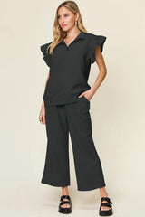 Double Take Texture Ruffle Short Sleeve Top and Drawstring Wide Leg Pants Set - kinko