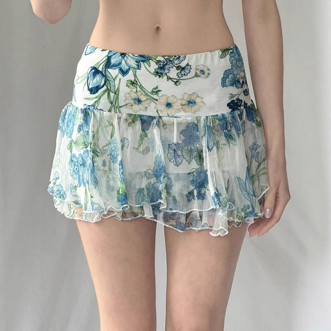 American Street Style Mesh Floral Print Irregular Skirt - kinko