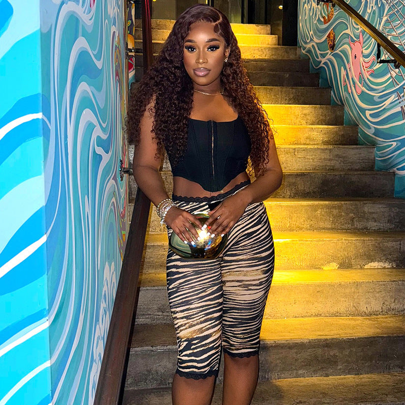 Sexy Lace Leopard Print Cropped Tight Straight-leg Pants - kinko