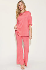 Basic Bae Full Size Bamboo Drop Shoulder T-Shirt and Flare Pants Set - kinko