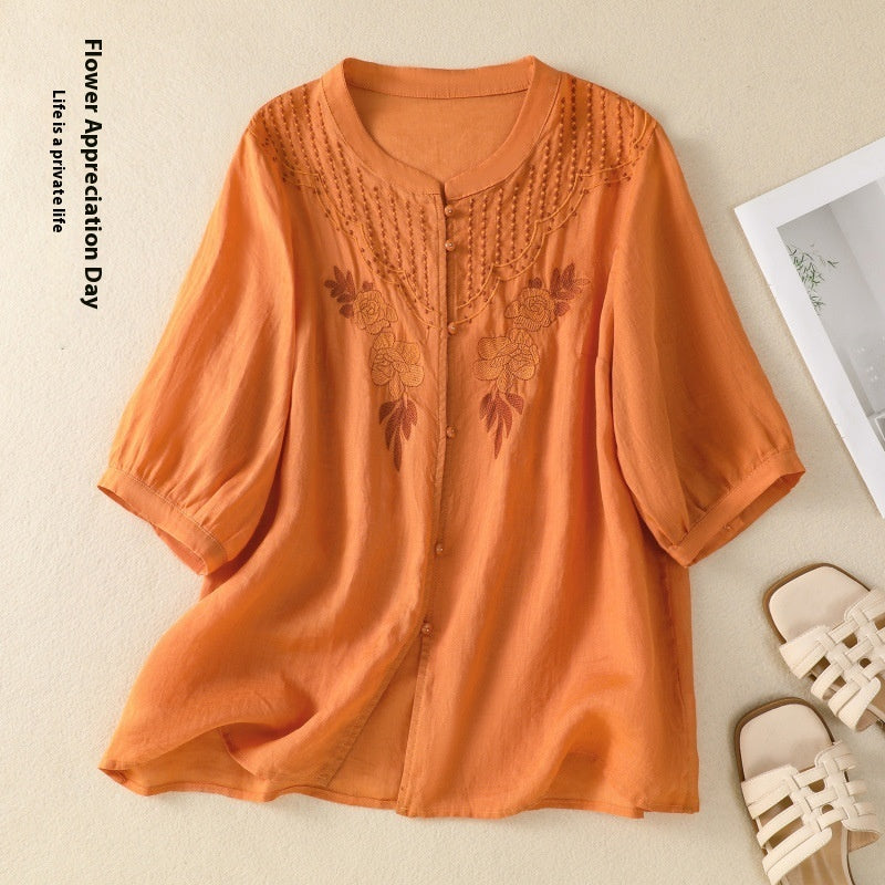 Artistic Retro Embroidery Five-quarter Sleeve Stand Collar Shirt For Women - kinko