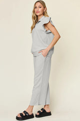 Double Take Texture Ruffle Short Sleeve Top and Drawstring Wide Leg Pants Set - kinko