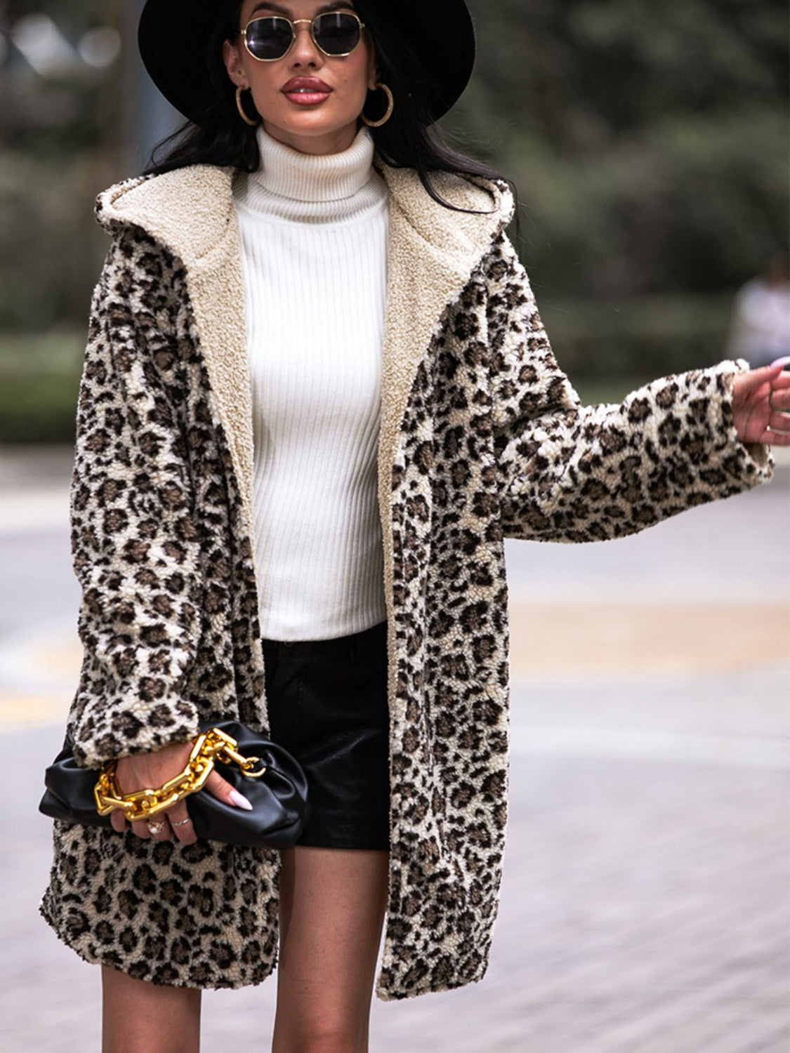 Shiny Leopard Print Hooded Teddy Coat - kinko