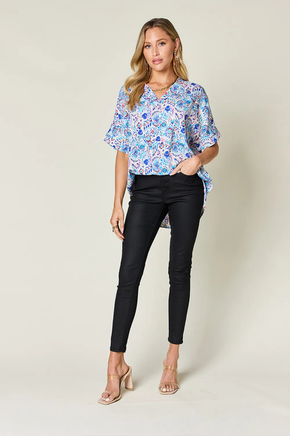 Double Take Full Size Printed V-Neck Short Sleeve Blouse - kinko