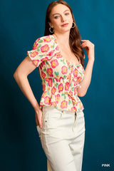 Umgee Floral Smocked Peplum Blouse - kinko