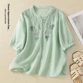 Artistic Retro Embroidery Five-quarter Sleeve Stand Collar Shirt For Women - kinko