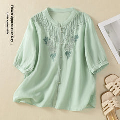 Artistic Retro Embroidery Five-quarter Sleeve Stand Collar Shirt For Women - kinko