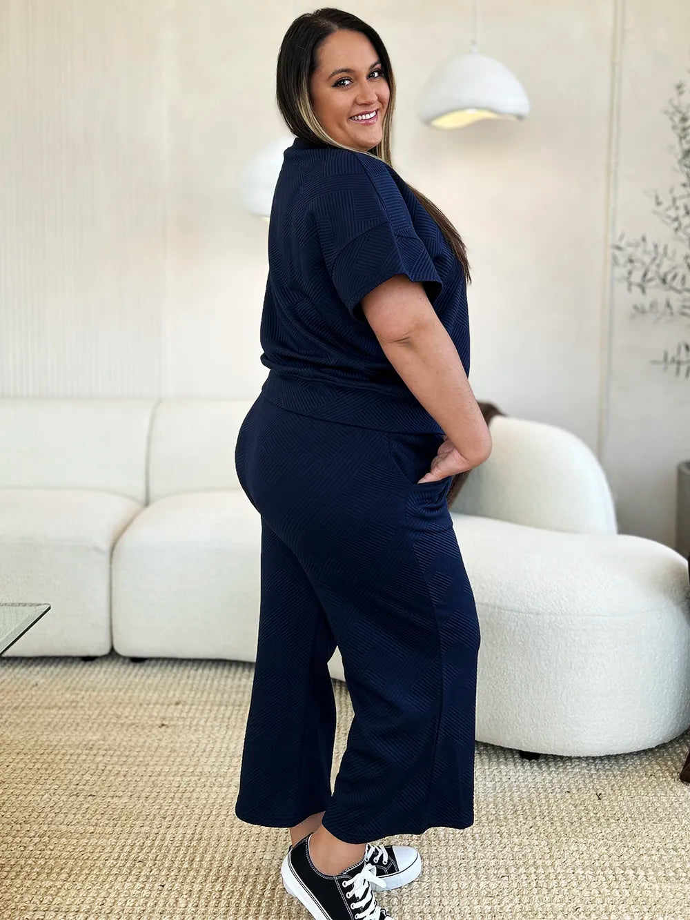 Double Take Full Size Texture Short Sleeve Top and Pants Set - kinko