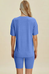 Basic Bae Full Size Ribbed V-Neck Short Sleeve Top and Shorts Set - kinko