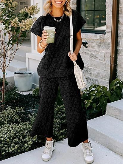 Fazortev Women's 2 Piece Outfits Quilted Lightweight Short Sleeve Tops And Cropped Pants Lounge Set - kinko