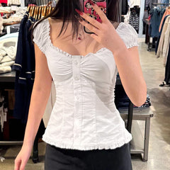 Sweet Slim Fit U-shaped French Wooden Ear Lace-collared Blouse - kinko