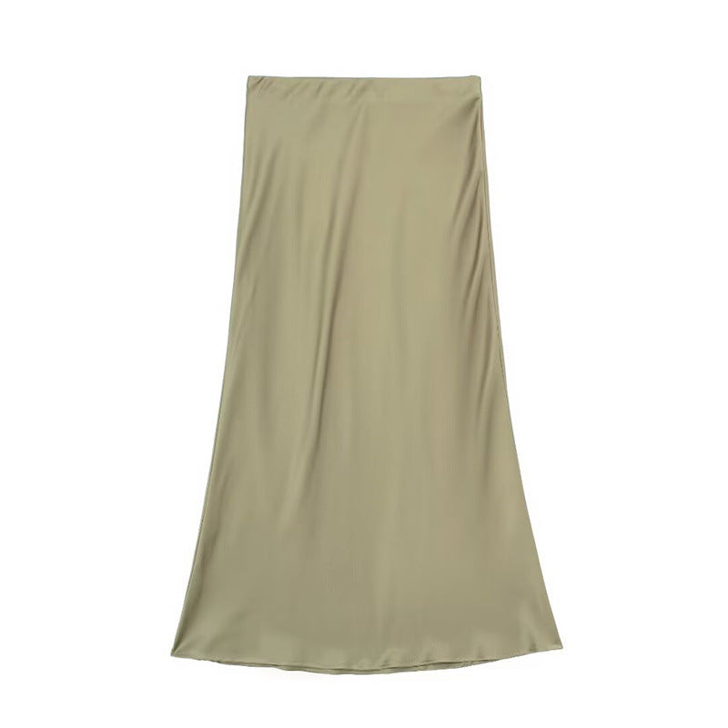 Solid Color Slim Silk Satin Texture Midi Skirt - kinko