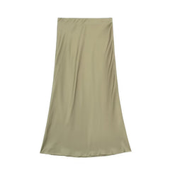 Solid Color Slim Silk Satin Texture Midi Skirt - kinko