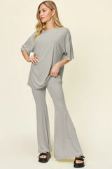 Double Take Full Size Round Neck Drop Shoulder T-Shirt and Flare Pants Set - kinko