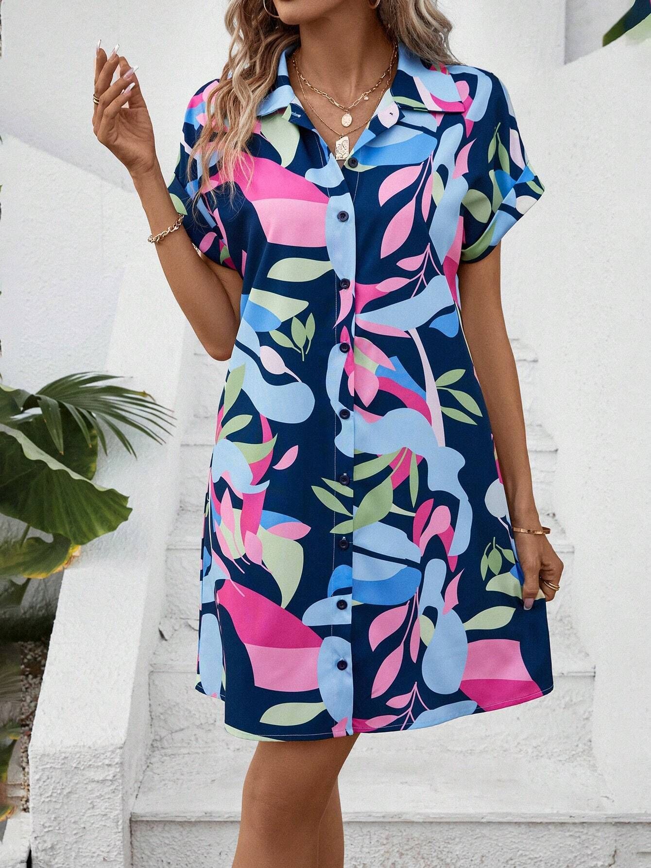 New Floral Print Short Sleeve Shirt Dress Summer Fashion Lapel Loose A-line Dresses For Womens Clothing - kinko