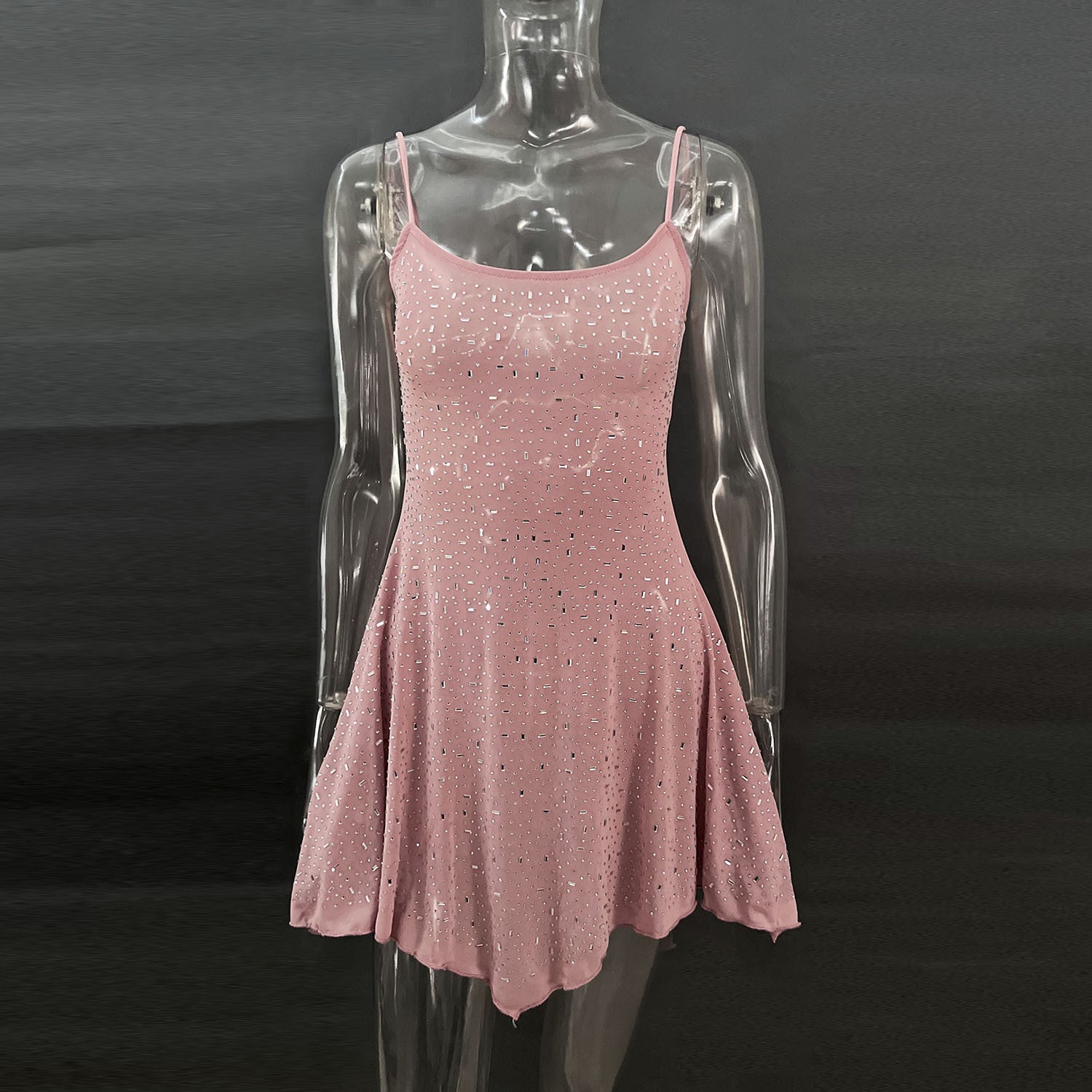 Trendy Rhinestone Sheer Party Dress - Women's Sexy Mini - kinko