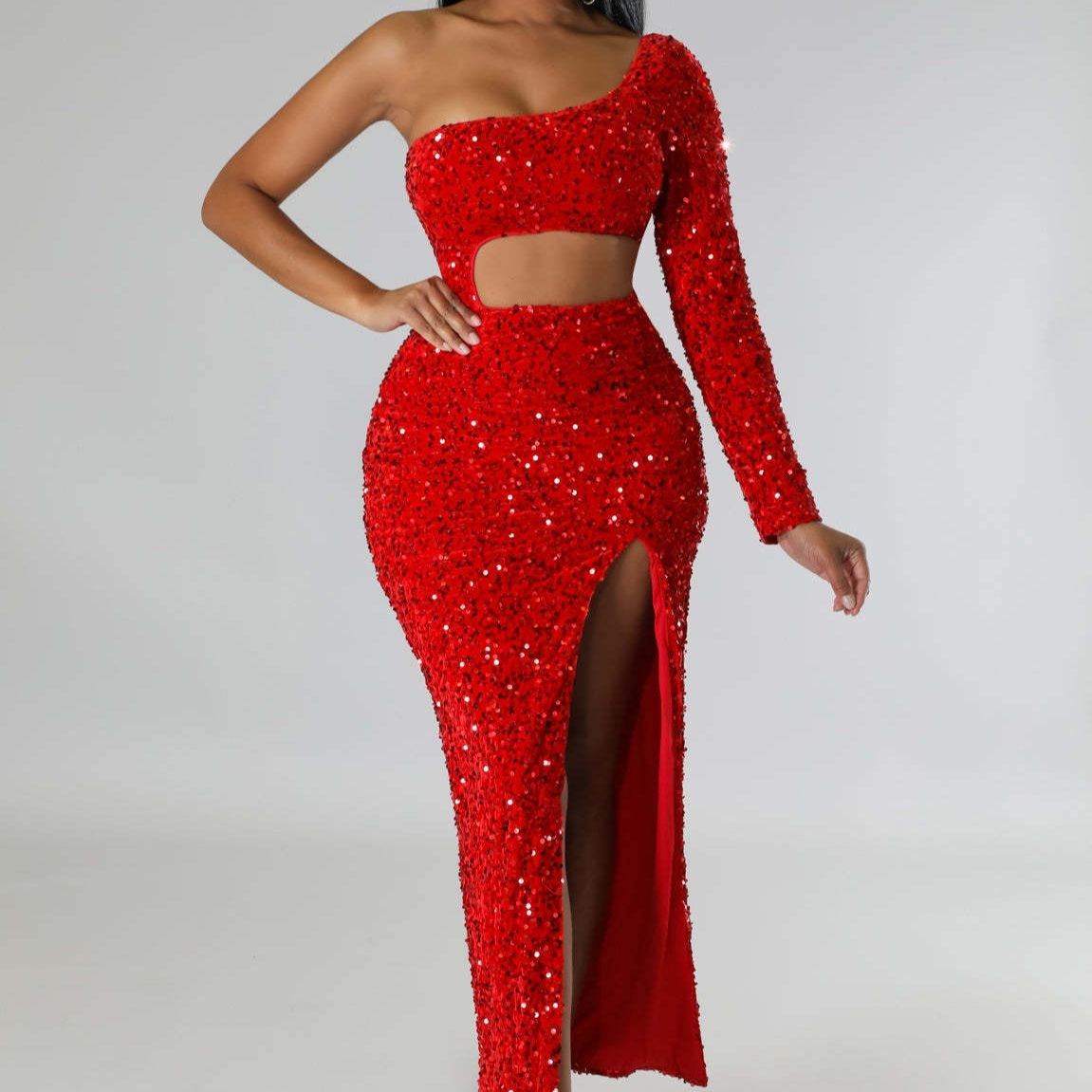 One-shoulder Fashionable Sequins Sexy Navel Split Hip Women's Clothing Dress - kinko