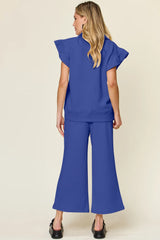 Double Take Texture Ruffle Short Sleeve Top and Drawstring Wide Leg Pants Set - kinko