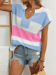 Color Block Notched Short Sleeve Knit Top - kinko