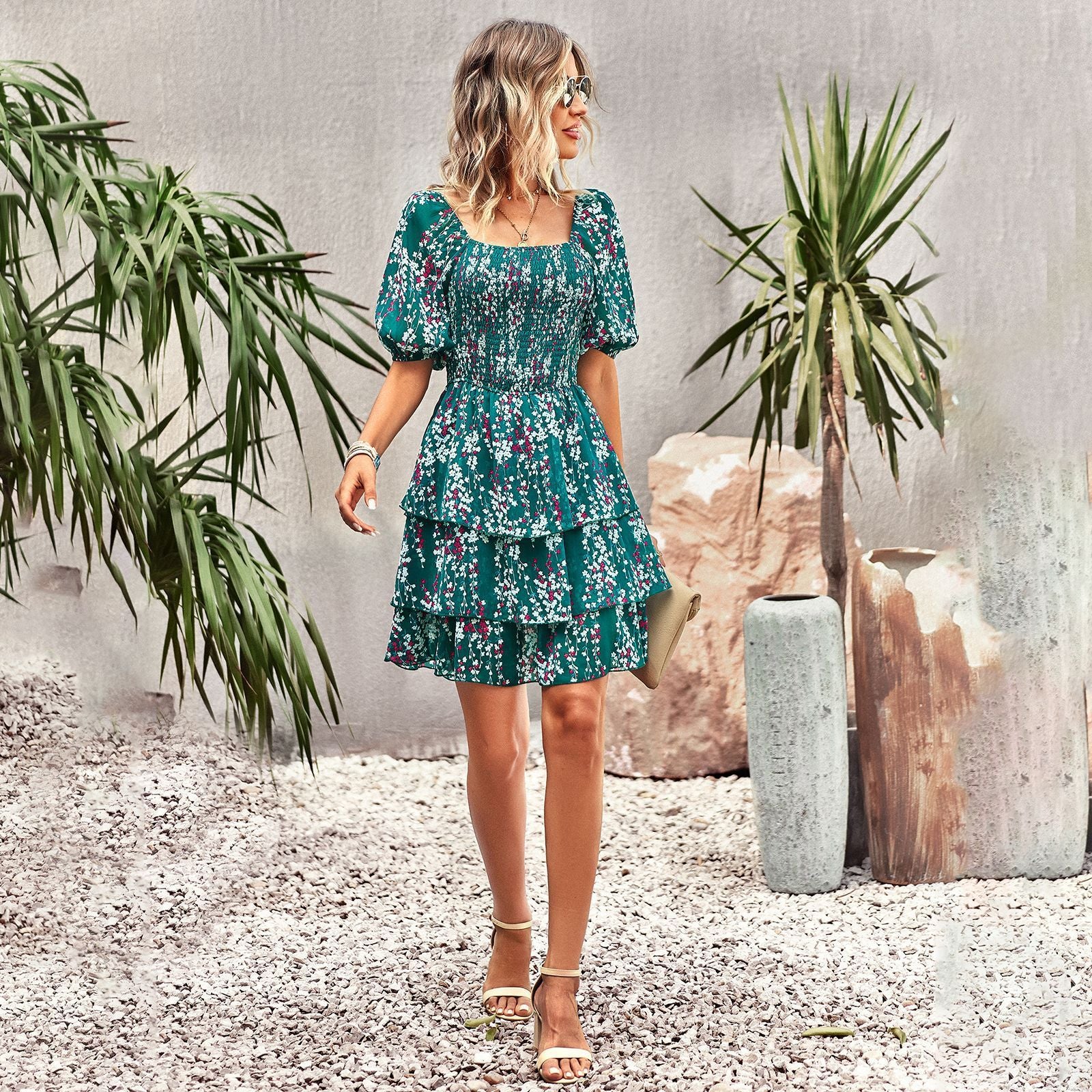 French Square Collar Cake Fashion Vacation Fashion Vacation Holiday Short Dress - kinko