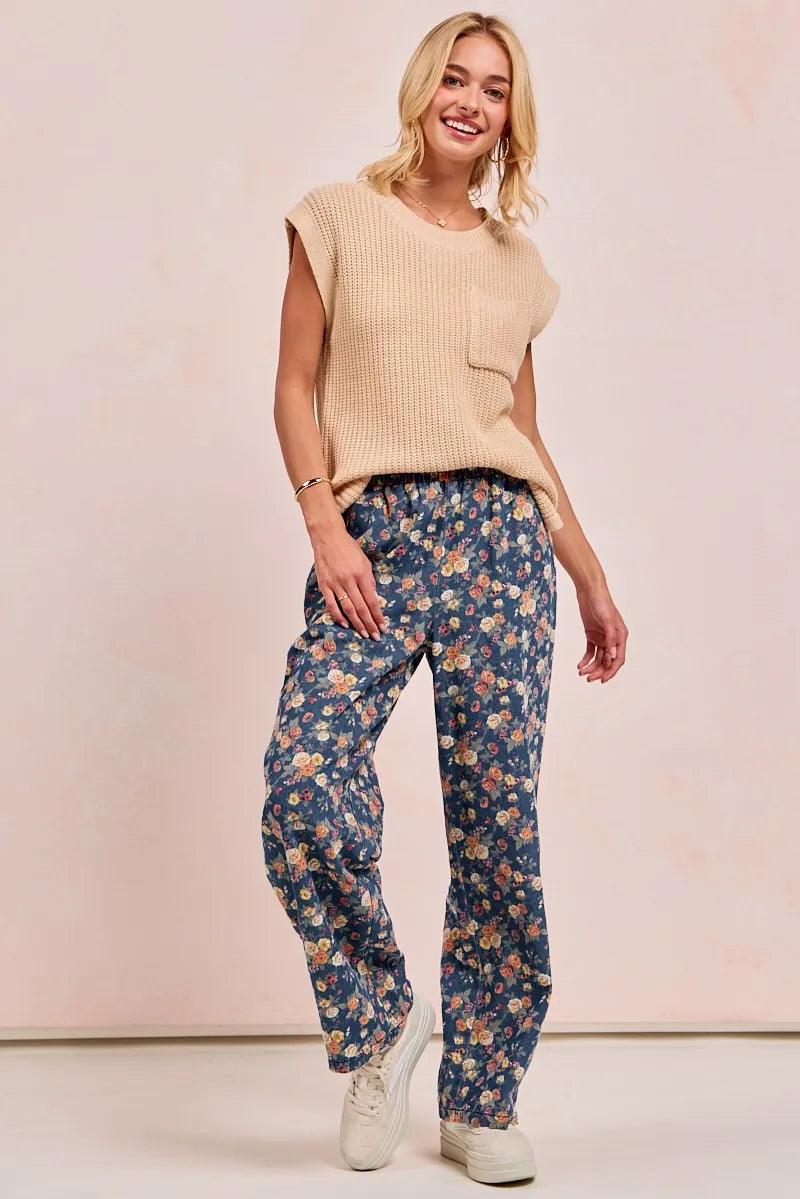 BiBi Washed Floral Print Wide Leg Jeans - kinko