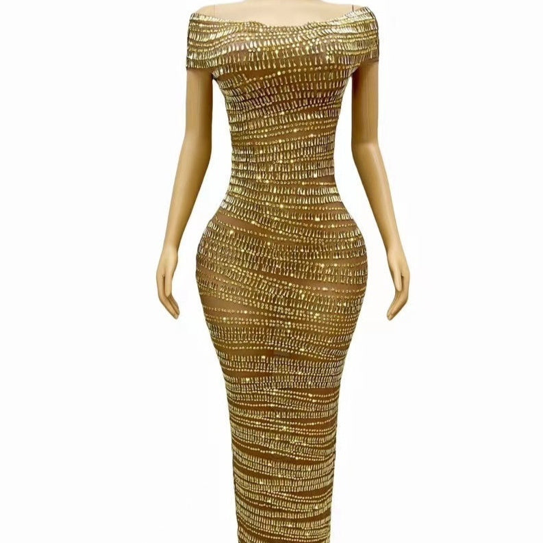 Sexy Luxury Shiny Rhinestone Dress Performance Costume Party Evening Dress - kinko