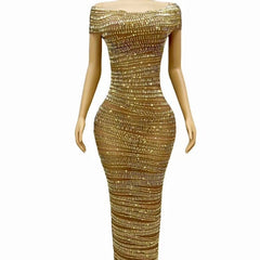 Sexy Luxury Shiny Rhinestone Dress Performance Costume Party Evening Dress - kinko