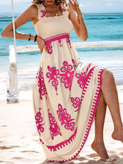 Smocked Printed Wide Strap Maxi Dress - kinko