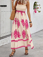 Smocked Printed Wide Strap Maxi Dress - kinko