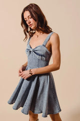 SO ME Mineral Washed Bow Ribbon Denim Flare Dress - kinko