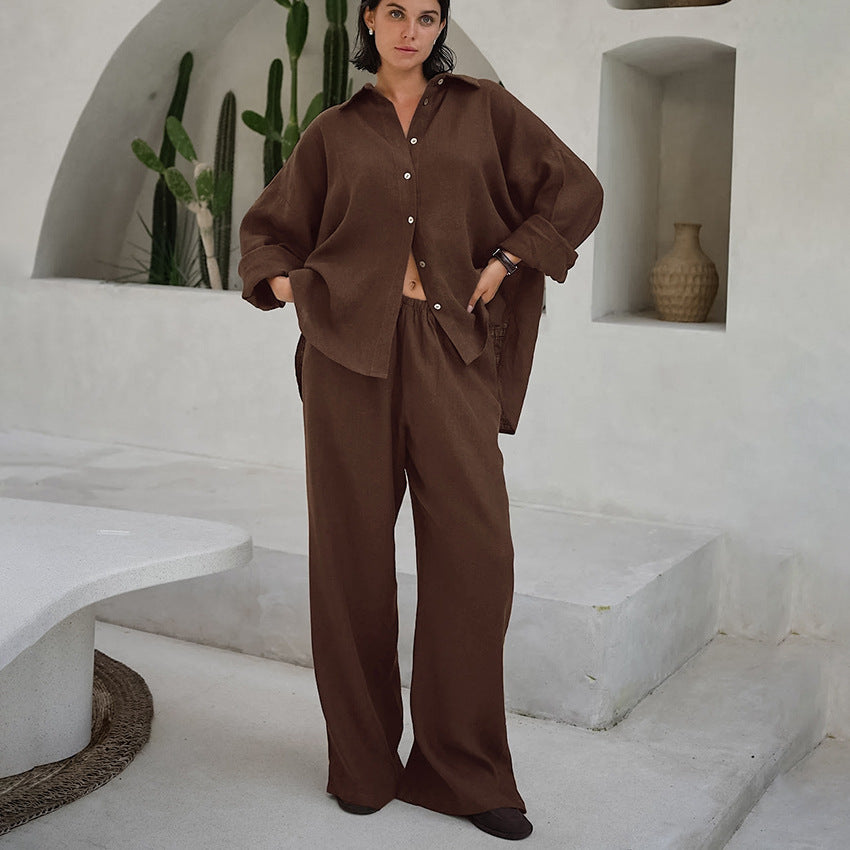 Loose Cotton And Linen Breathable Long Sleeves Trousers Two-piece Set - kinko
