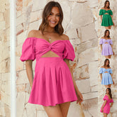 Sexy Off-shoulder Lantern-sleeve Pleated Dress Summer Fashion Short A-line Dresses Womens Clothing - kinko