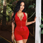 Women's Sexy Exercise Sleeveless Zipper Vest Top Tight Shorts Two-piece Suit - kinko