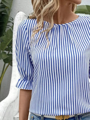 Striped Round Neck Half Sleeve Casual Blouse - kinko