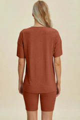 Basic Bae Full Size Ribbed V-Neck Short Sleeve Top and Shorts Set - kinko