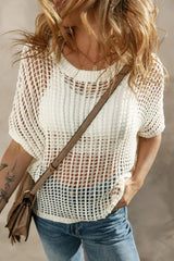 Openwork Round Neck Half Sleeve Knit Cover Up - kinko