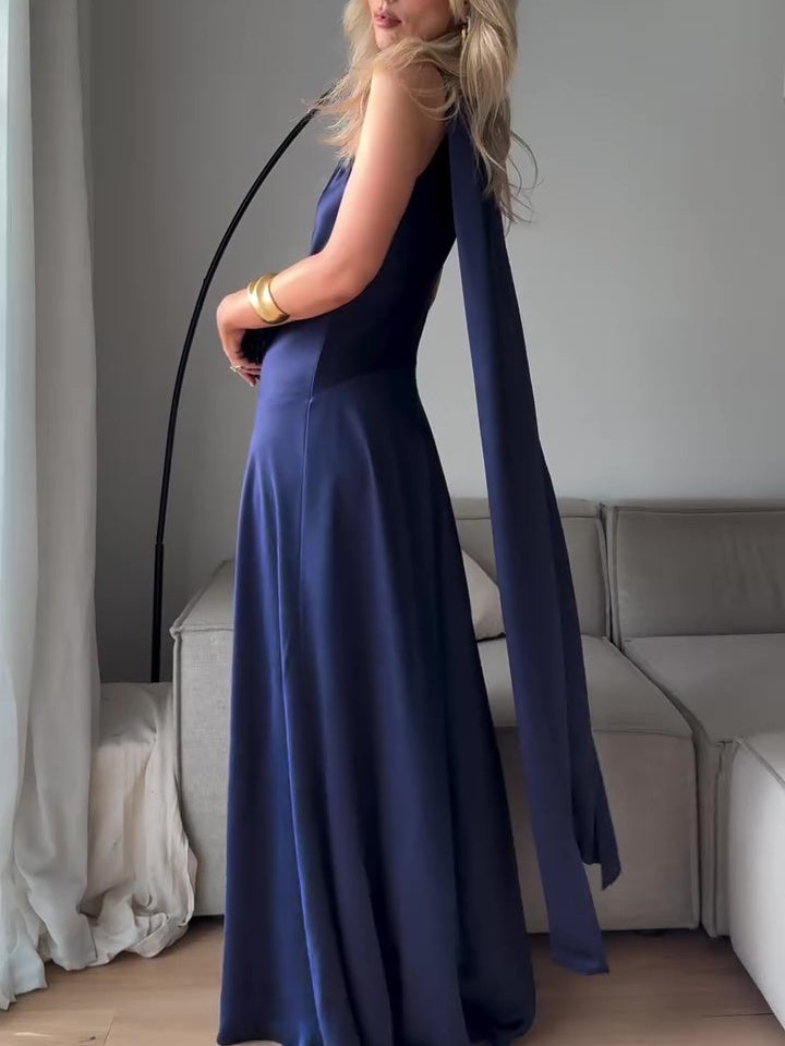 Royal Blue Satin Sleeveless Maxi Dress - kinko