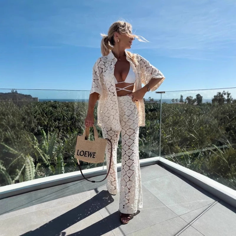 Polo Collar Hollow Lace Short Sleeve Top And Trousers Suit - kinko