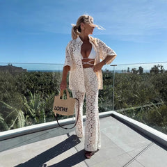 Polo Collar Hollow Lace Short Sleeve Top And Trousers Suit - kinko