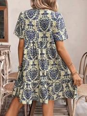 Printed Tie Neck Short Sleeve Dress - kinko