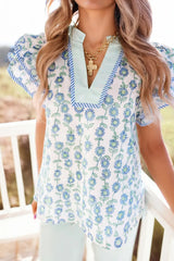 Floral Print Notched Ruffled Sleeve Blouse - kinko