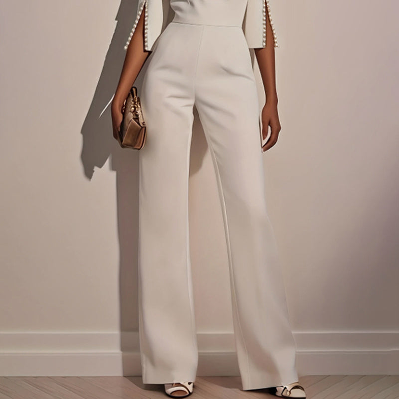 Women's Elegant Round Neck Jumpsuit - Mid-Sleeve With Side Slit Cuffs & Pearl Accents, Back Zipper Design For Casual To Formal Events - kinko