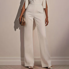 Women's Elegant Round Neck Jumpsuit - Mid-Sleeve With Side Slit Cuffs & Pearl Accents, Back Zipper Design For Casual To Formal Events - kinko