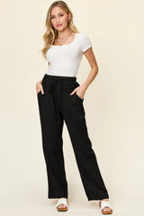 Double Take Full Size Texture Drawstring Straight Pants - kinko