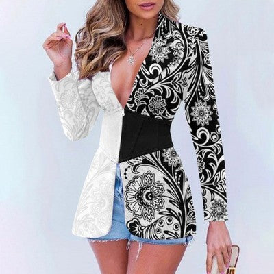 Women's Printed Contrast Color Lapels Blazer - kinko