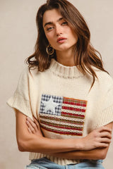 BiBi American Flag Patchwork Drop Shoulder Sweater - kinko