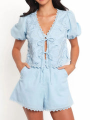 Lace Detail V-Neck Top and Shorts Set - kinko